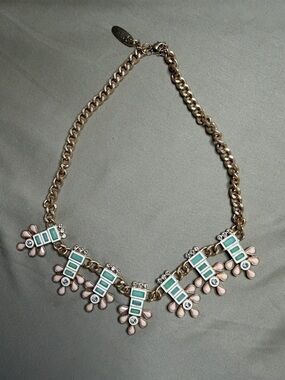 Plunder Mint & Pink Floral Tile Bib Necklace - Gold Tone